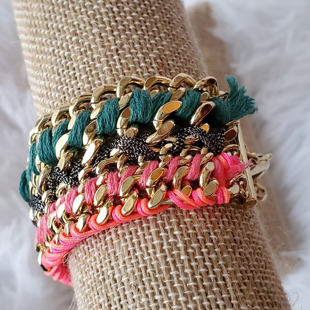 Goldtone Link Chain Woven Bracelet